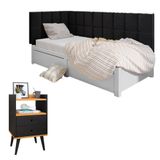 Kit Mesinha Dream Preto/cinamomo Pés Retrô 2 Gavetas E Cabeceira Suspensa Lateral Aurora Preto Cama Box Solteiro - Rpm Móveis