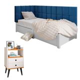 Kit Mesinha Dream Off White/cinamomo Pés Retrô 2 Gavetas E Cabeceira Suspensa Lateral Aurora Azul Cama Box Solteiro - Rpm Móveis