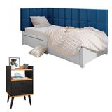 Kit Mesinha Dream Preto/cinamomo Pés Retrô 2 Gavetas E Cabeceira Suspensa Lateral Aurora Azul Cama Box Solteiro - Rpm Móveis