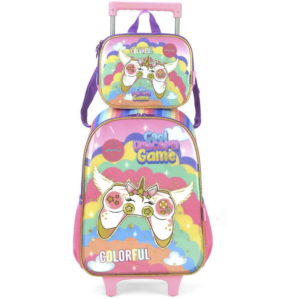 Kit Mochila De Rodinhas Lancheira Luxcel Up4you Game Rosa