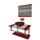 Gabinete de Vidro 70cm Inox com Cuba Redonda Vermelho Cereja