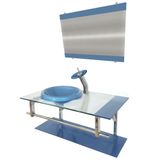 Gabinete de Vidro 80cm Inox com Cuba Chapéu Redonda Azul