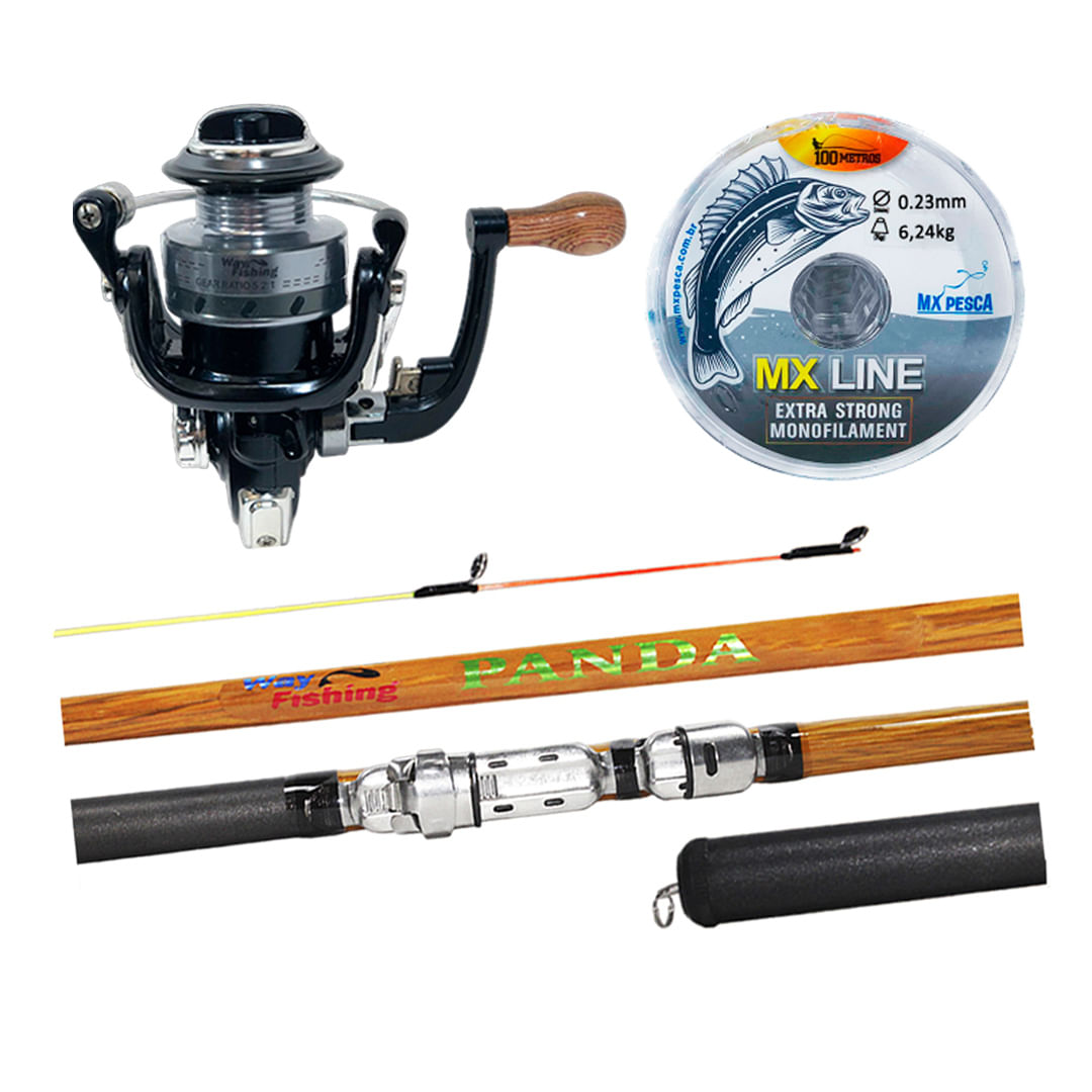 Kit Pesca Leve Way Fishing Molinete Cross Mini + Vara Panda 2403 2,40m + Linha