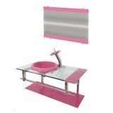 Gabinete de Vidro 90cm Inox com Cuba Chapéu Redonda Rosa
