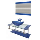 Gabinete de Vidro 90cm Inox com Cuba Oval Azul Escuro