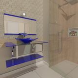 Gabinete de Vidro 90cm Inox com Cuba Quadrada Azul Escuro