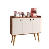 Aparador Buffet Wood Prime 3 Portas Cantinho Café Prateleira Organizadora Pés Palito Decoração Retrô - Freijó|Off White - RPM Móveis