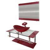 Gabinete de Vidro 90cm Inox com Cuba Oval Vermelho Cereja