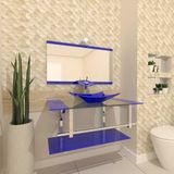 Gabinete de Vidro 90cm Inox com Cuba Retangular Azul Escuro