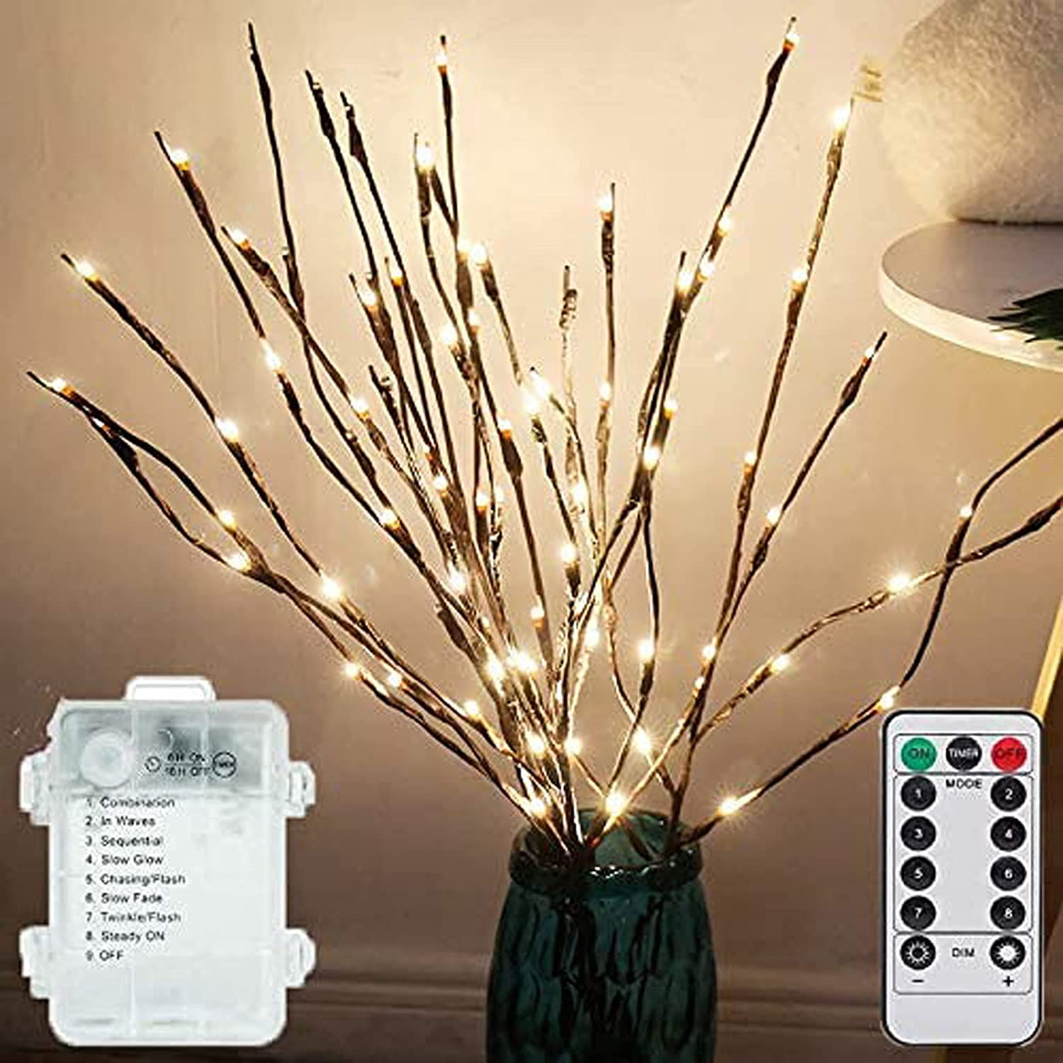 Luzes De Ramificação Led 3 Pacote 20 Leds Ramos Decorativos Bateria Operada Com Temporeiro Marrom Willow Galhos Iluminados Luzes De Galho Ar