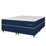 Cama Box Casal King Colchão Molas Ensacadas Lamore 193x203x70cm Azul Veludo/ Malha Branca Hellen - Suporta Até 110kg Por Pessoa