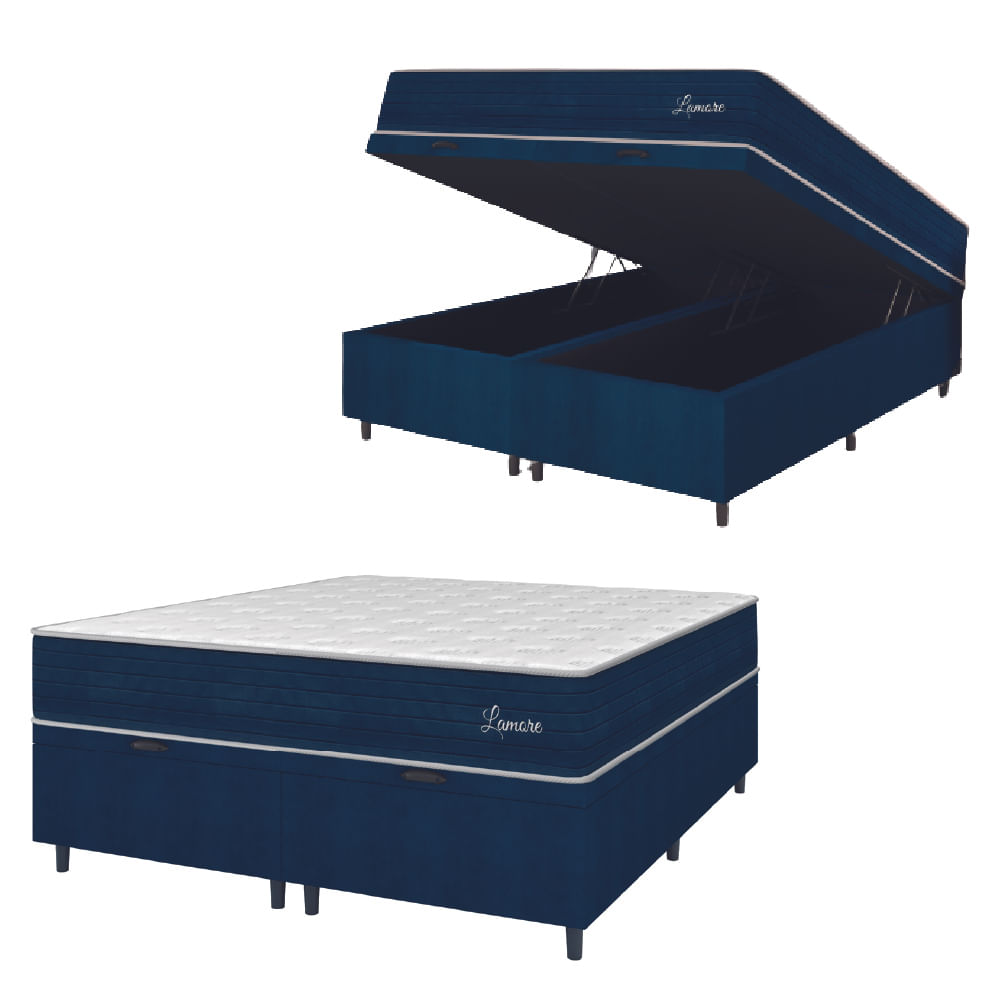 Cama Box Baú Casal King Colchão Molas Ensacadas Lamore 193x203x73cm Azul Veludo/ Malha Branca Hellen - Suporta Até 110kg Por Pessoa