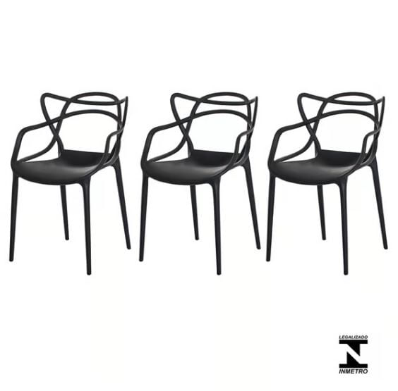Conjunto Com 3 Cadeiras Monobloco Allegra Preta