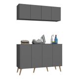 Conjunto Lavanderia Retrô Multiuso Armário Aéreo E Balcão 4 Portas Multimóveis Mp5053 Grafite/natural