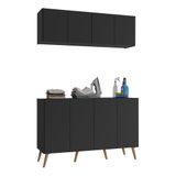 Conjunto Lavanderia Retrô Multiuso Armário Aéreo E Balcão 4 Portas Multimóveis Mp5053 Preto/natural