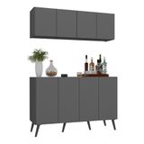 Kit Bar Armário Aéreo E Aparador 4 Portas Retrô Multimóveis Mp1086 Grafite/preto
