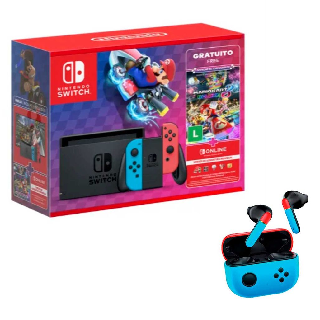 Novo Nintendo Switch Azul e Vermelho Neon + Jogo Mario Kart 8 Novo Nintendo  Switch Azul e Vermelho Neon + Jogo Mario Kart 8 Novo Nintendo Switch Azul e  Vermelho Neon +