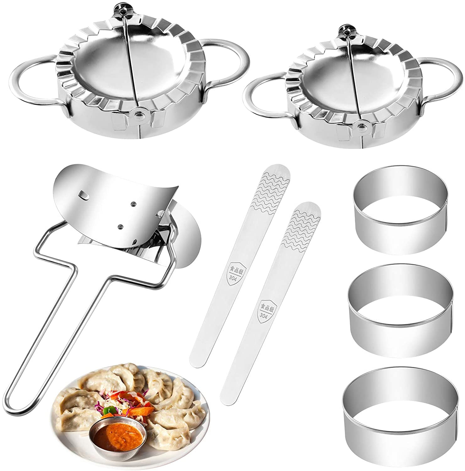 8pcs Fabricante De Bolinhos Definir Dumpling De Aço Inoxidável Imprensa Moldes Dumpling Skin Cutter Recheio Spoon Farinha Ring Cutter Acessó