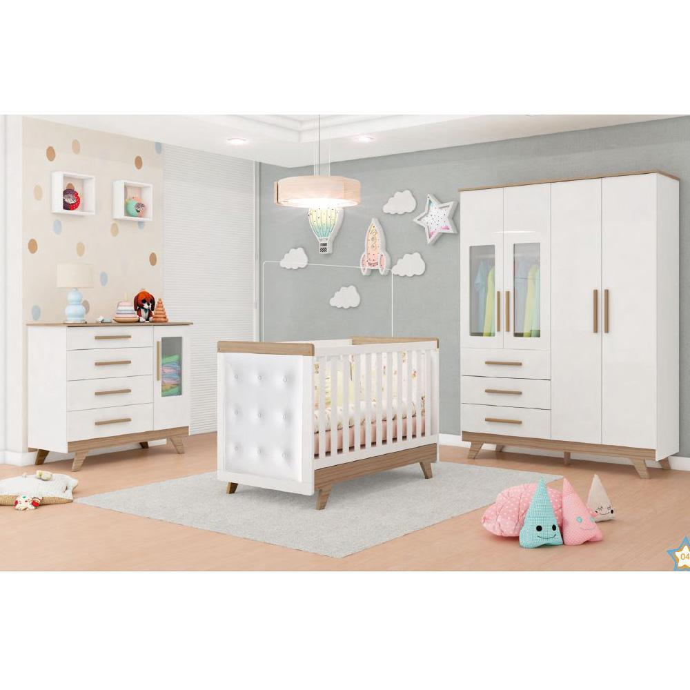 Quarto Infantil Com Guarda Roupa 4 Portas, Cômoda 4 Gavetas E Berço Cama Capitonê Corino Retrô Móveis Peroba Branco Brilho/carvalho