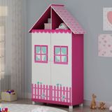 Guarda Roupa Infantil 2 Portas 2 Gavetas Casinha Gelius Pink PlocBranco Acetinado