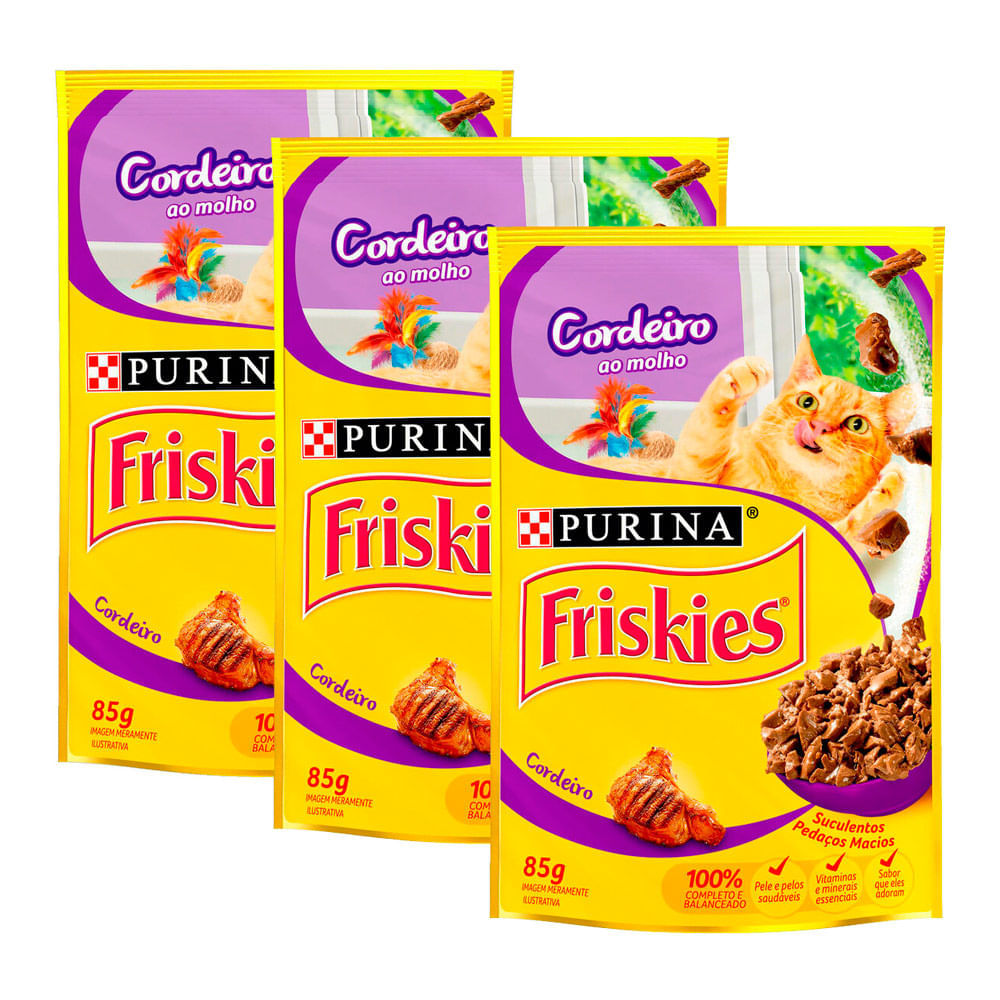 Kit 3 Ração Úmida Para Gatos Friskies Adultos Sabor Cordeiro Ao Molho Em Sachê 85g