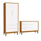 Jogo De Quarto Infantil Guarda Roupa 2 Portas E Cômoda 1 Porta Classic Branco/savana Com Pés Amadeirado - Reller Móveis