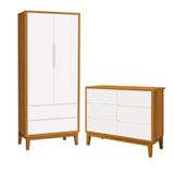 Jogo De Quarto Infantil Classic Guarda Roupa 2 Portas E Cômoda 6 Gavetas Branco/savana Com Pés Amadeirado - Reller Móveis