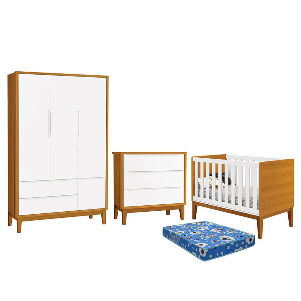 Dormitório Infantil Classic 3 Portas, Cômoda 3 Gavetas, Berço Branco/savana Com Pés Amadeirado E Colchão - Reller Móveis