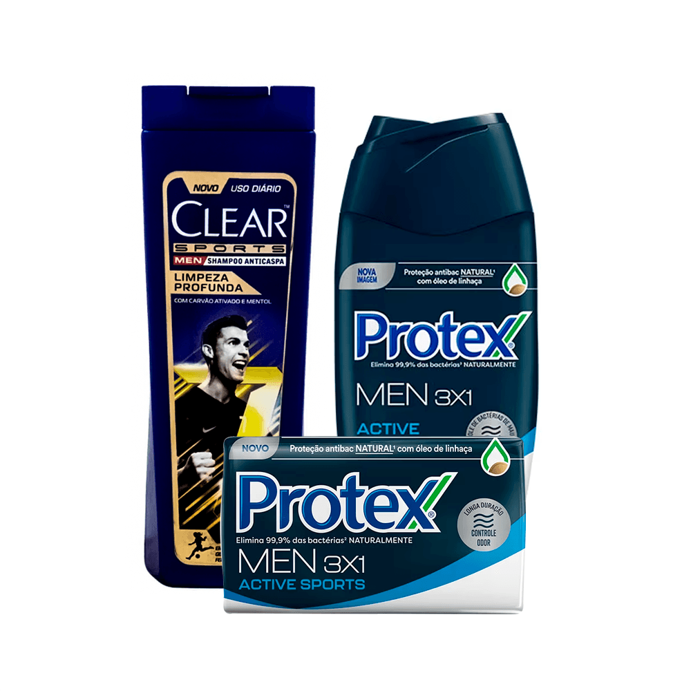 Kit Presente Para Homem Clear Sports Men Shampoo Limpeza Profunda Anticaspa 200ml+ Protex Men Active Sports Sabonete Líquido 250ml+ Sabonete Barra 85