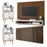 Kit 2 Mesinhas Gavetas Nicho Quarto Dream Painel Tv 50 Polegadas Cissa Ripado Freijó/off Cabeceira Estofada Cama Box Casal Luana 1,40 Marrom Rpm
