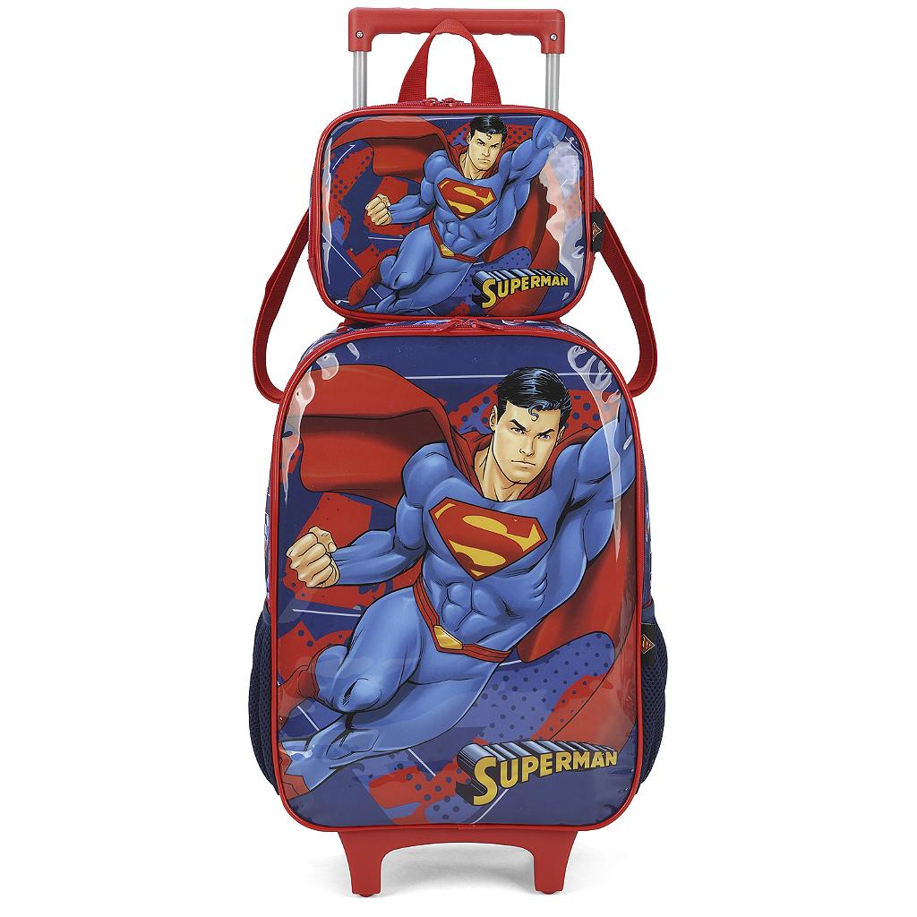 Kit Mochila Rodinhas Lancheira Luxcel Superman Azul