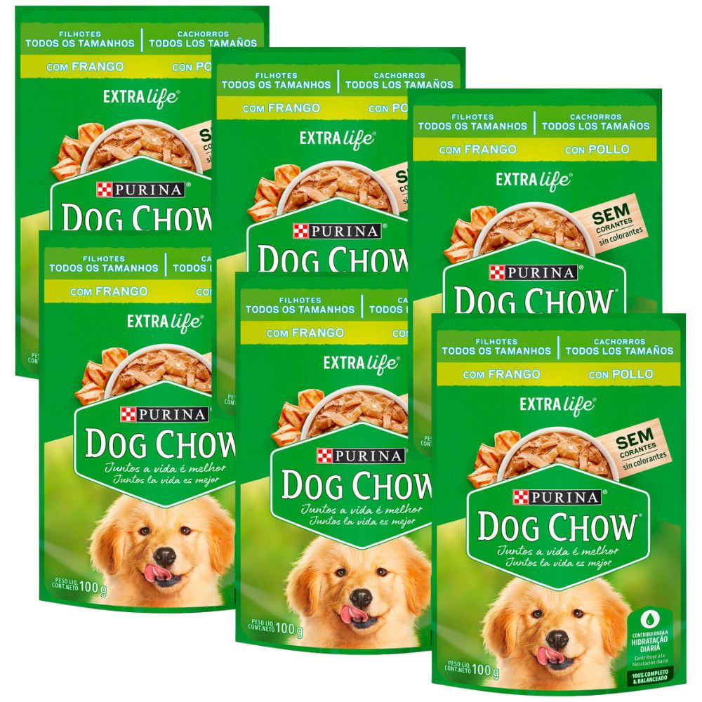 Kit 6 Ração Úmida Para Cachorro Dog Chow Filhote Extra Life Sabor Frango Em Sachê 100g