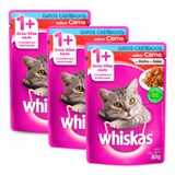 Kit 3 Ração Úmida Para Gatos Whiskas Adultos 1+ Anos Castrados Sabor Carne 85g