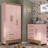 Quarto Infantil Completo Guarda Roupa 3 Portas 2 Gavetas Com Cômoda Selene Espresso Móveis Rosa Fosco/nature