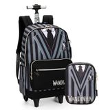 Kit Mochila De Rodinhas + Estojo Box Wandinha Uniforme Preto