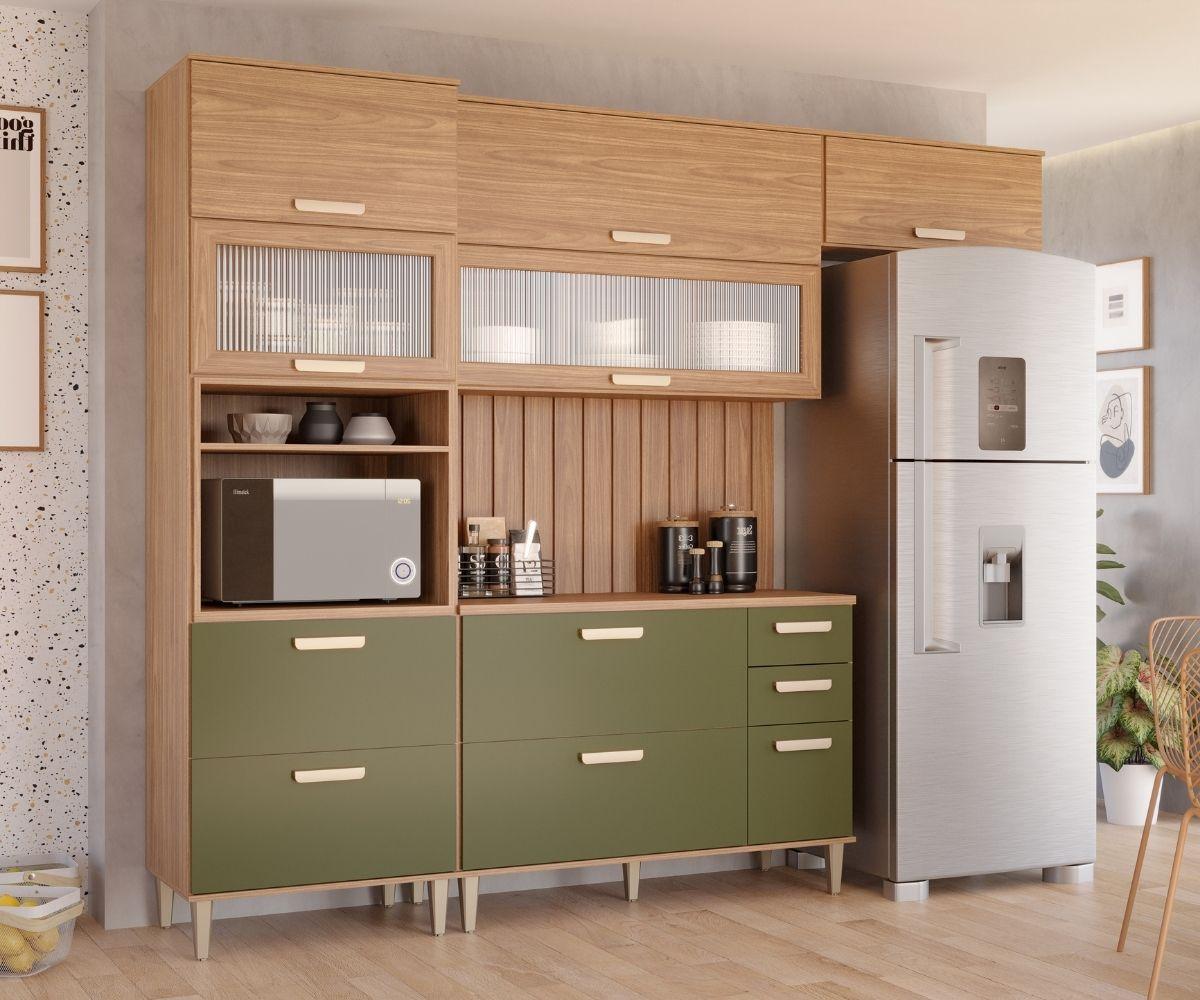 Cozinha Compacta 100%mdf 5 Peças 2 Aéreos 1 Balcão 1 Torre C/ Painel Ripado 120cm Bella Mgm Freijó/verde