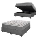 Cama Box Baú Casal Queen Colchão Molas Ensacadas Ômega 158x198x73cm Cinza / Branco Hellen - Suporta Até 110kg Por Pessoa