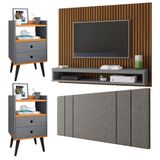 Painel Ripado Freijó Tv 50 Polegadas Cissa Cabeceira Cama Box Casal Luana Linho 1,40 Kit 2 Mesinhas Quarto Gaveta Nicho Dream Cinza/cinamomo Rpm
