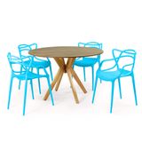 Conjunto Mesa De Jantar Redonda Marci Natural 120cm Com 4 Cadeiras Allegra - Azul