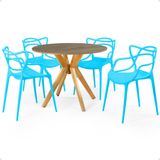 Conjunto Mesa De Jantar Redonda Marci Natural 100cm Com 4 Cadeiras Allegra - Azul