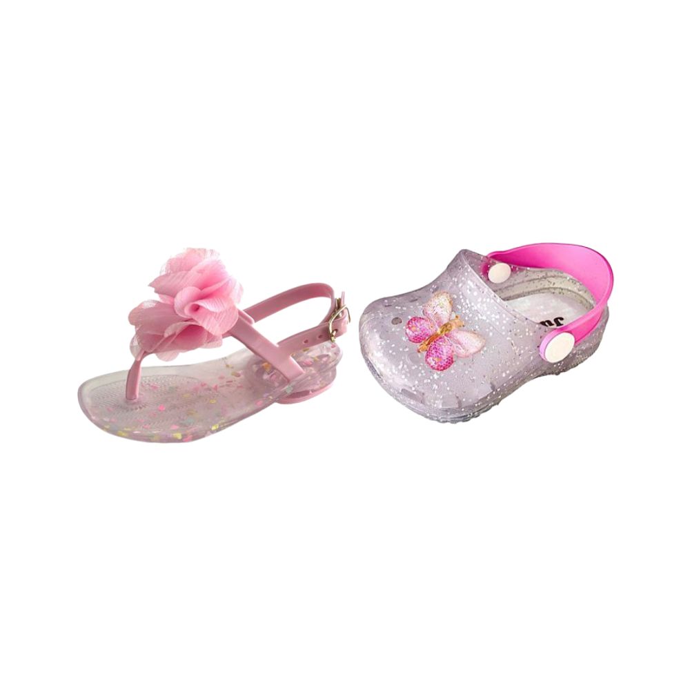 Kit 2 Pares Chinelo Bebê Flor Pérola E Babuche Infantil Borboleta Glitter Juju