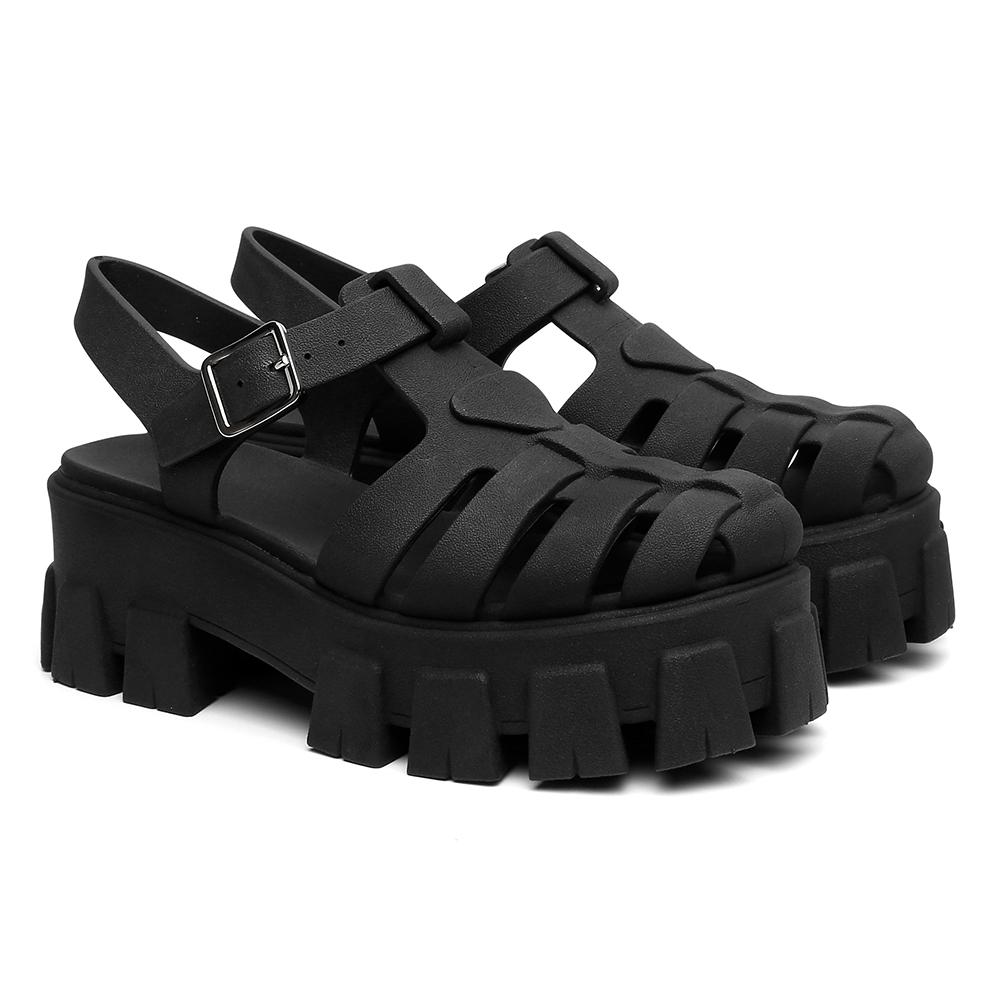 Sandália Feminina Salto Tratorado Flatform Conforto Fivela Preto 35