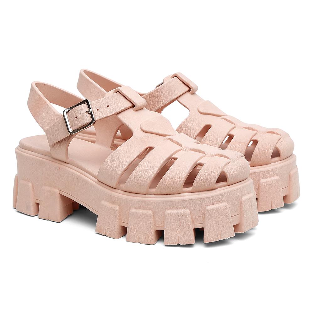 Sandália Feminina Salto Tratorado Flatform Conforto Fivela Nude 38