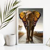 Quadro Decorativo Elefante Asas Borboleta 45x34cm - Vidro E Moldura Branca