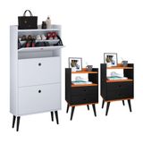 Kit Sapateira Vertical 3 Gavetas Basculantes Dark Branco E 2 Mesinhas Canto Quarto Nicho Decorativo Dream Preto/cinamomo Rpm