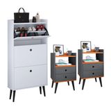 Kit Sapateira Vertical 3 Gavetas Basculantes Dark Branco E 2 Mesinhas Canto Quarto Nicho Decorativo Dream Cinza/cinamomo Rpm