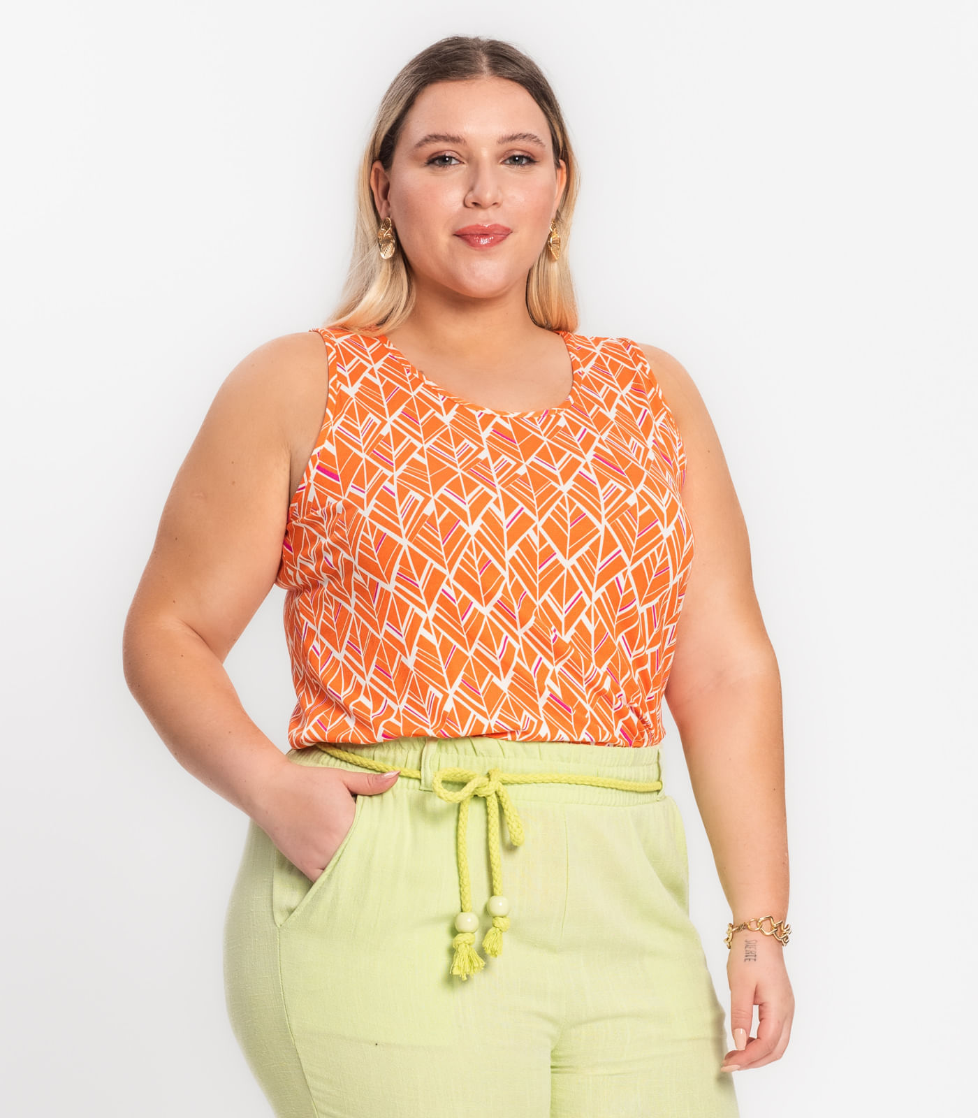 Regata Feminina Plus Size Estampada Secret Glam Laranja Plus G4