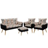 Namoradeira E 2 Poltronas Beta Com Puff Lunar F-014 Sued Estampado Bege Com Sued Aradecor