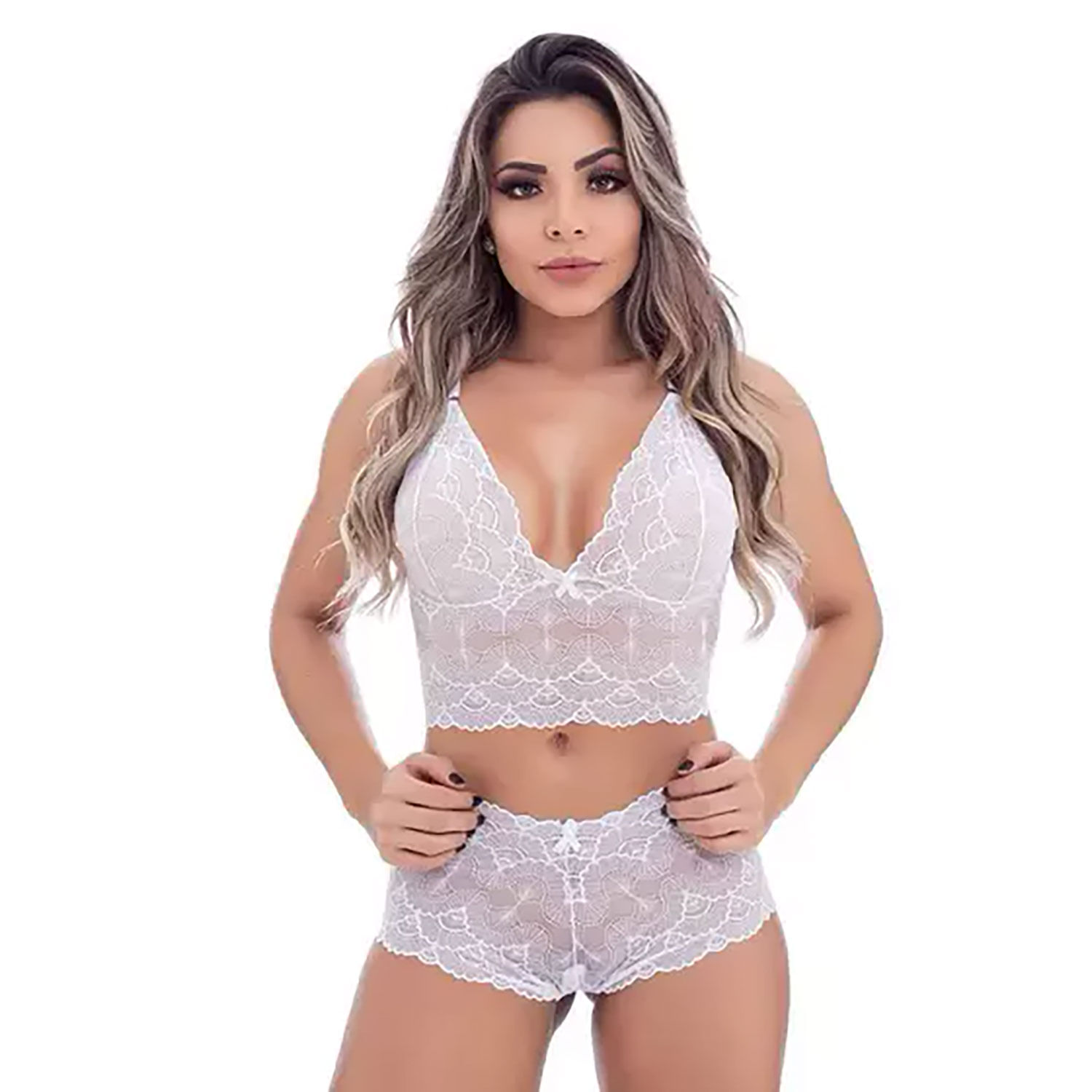 Conjunto Cropped Renda Top Sem Bojo Calcinha Caleçon