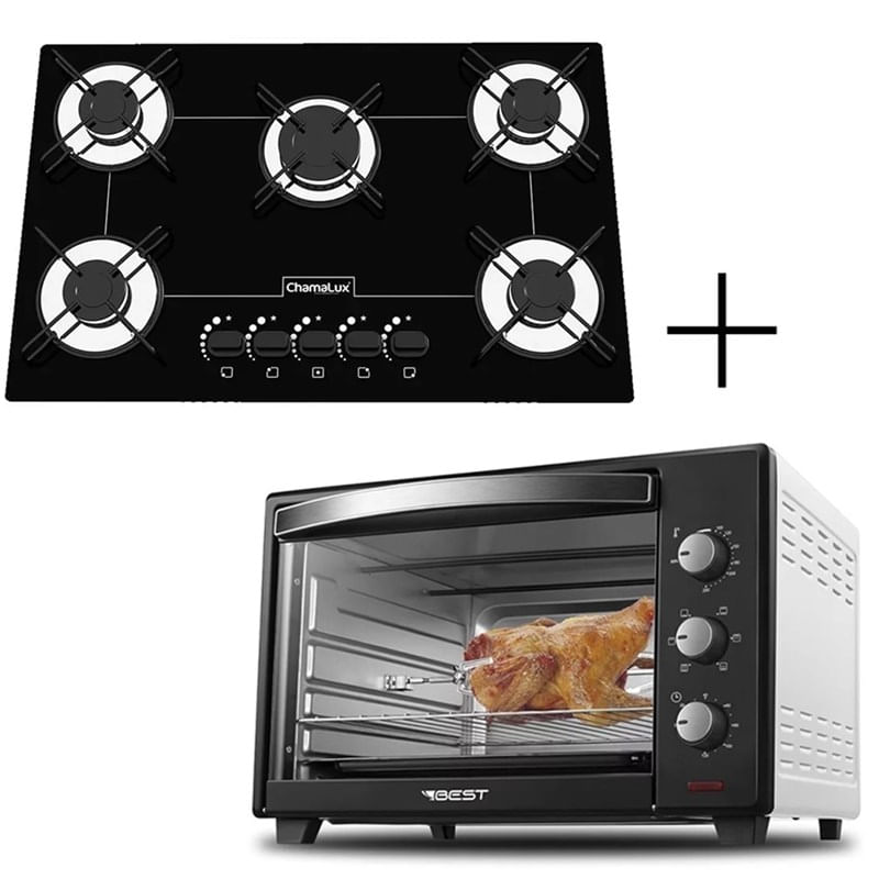 Fogão Cooktop 5 Bocas Preto + Forno De Eletrico 60 Litros 220v